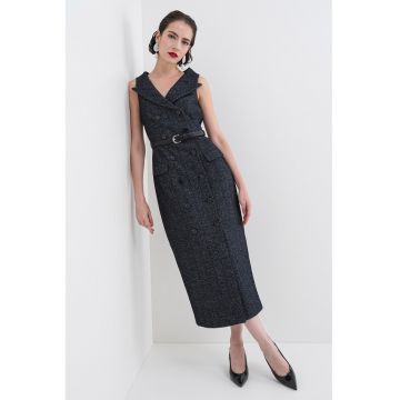 Rochie midi din amestec de lana cu nasturi si curea in talie Rochie midi din amestec de lana cu nasturi si curea in talie