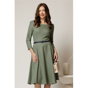Rochie midi din stofa carou verde indiggo si curea in talie Rochie midi din stofa carou verde indiggo si curea in talie