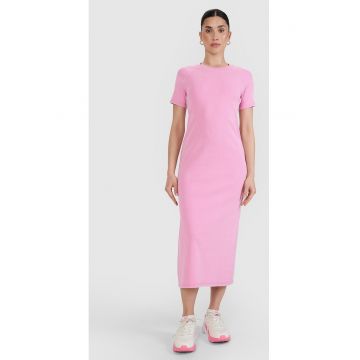 Rochie midi  din tricot cu nervuri - roz - poliester Rochie midi  din tricot cu nervuri - roz - poliester