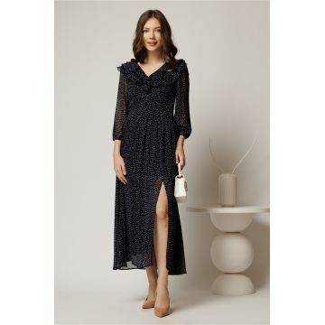 Rochie midi din voal bleumarin cu buline si volanase la decolteu
