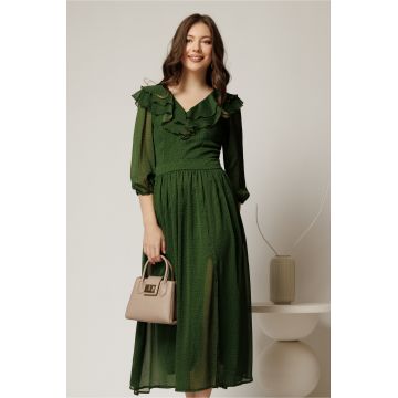 Rochie midi din voal verde cu buline si volanase la decolteu Rochie midi din voal verde cu buline si volanase la decolteu