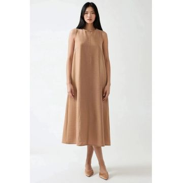 Rochie midi -  fara maneci - bumbac si in - maro Rochie midi -  fara maneci - bumbac si in - maro