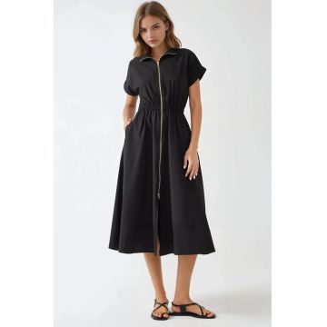 Rochie midi -  guler camasa - fermoar - negru - textil Rochie midi -  guler camasa - fermoar - negru - textil