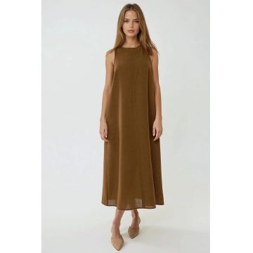 Rochie midi -  guler rotund - croiala in A - maro - bumbac amestecat cu in Rochie midi -  guler rotund - croiala in A - maro - bumbac amestecat cu in