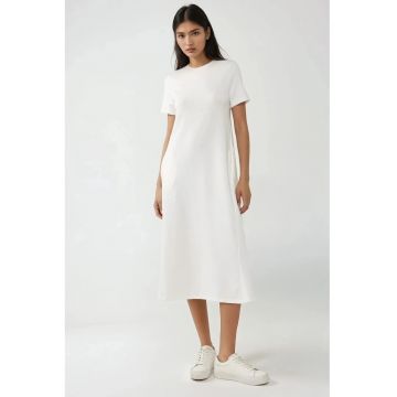 Rochie midi  guler rotund - maneca scurta - alb - jerseu