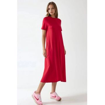 Rochie midi  guler rotund - maneca scurta - rosu - jerseu Rochie midi  guler rotund - maneca scurta - rosu - jerseu