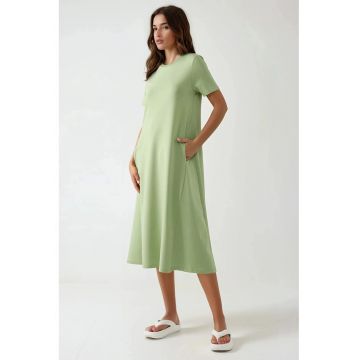 Rochie midi  guler rotund - maneca scurta - verde - jerseu