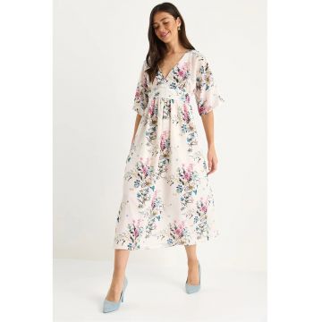 Rochie midi -  imprimeu floral - decolteu in V - multicolor - textil -