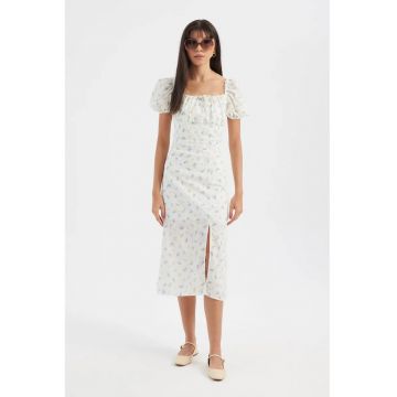 Rochie midi -  imprimeu floral - decolteu patrat - maneci bufante - alb - textil