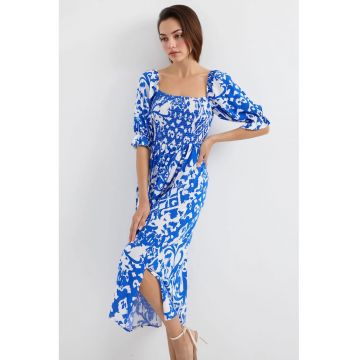 Rochie midi -  imprimeu floral - guler patrat - albastru - viscoza