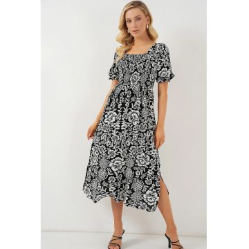 Rochie midi -  imprimeu floral - guler patrat - crapatura - negru - viscoza