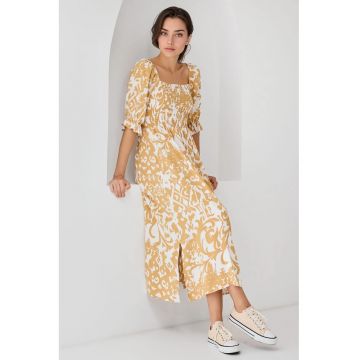 Rochie midi -  imprimeu floral - guler patrat - galben - viscoza