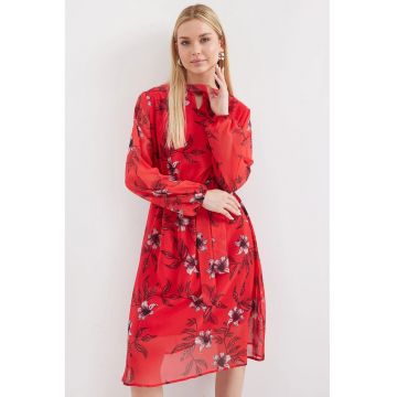 Rochie midi -  imprimeu floral - rosu - poliester