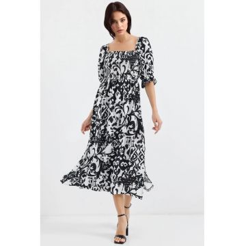Rochie midi -  imprimeu - guler patrat - crapatura - negru - viscoza