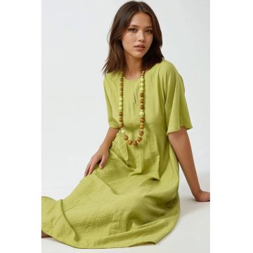 Rochie midi -  linie A - guler rotund - verde masliniu - material textil
