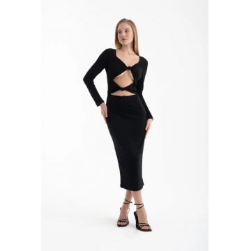 Rochie midi -  maneca lunga - decolteu rotund - neagra - textil Rochie midi -  maneca lunga - decolteu rotund - neagra - textil