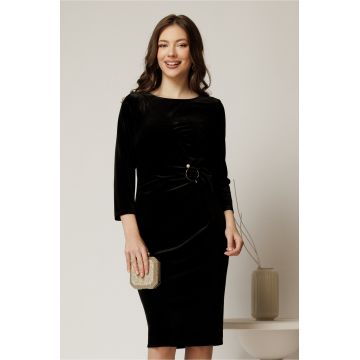 Rochie midi neagra de ocazie din catifea cu accesoriu talie