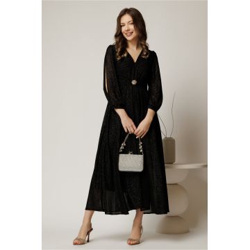 Rochie midi neagra de ocazie din voal cu sclipici