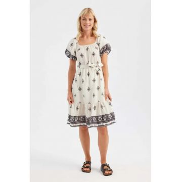 Rochie midi -  umeri goi - imprimeu - bej - textil