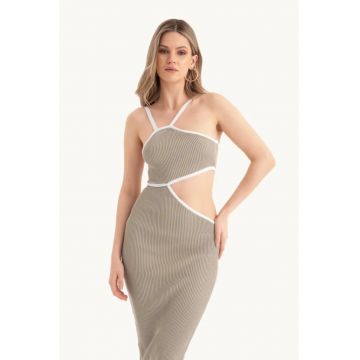 Rochie midi -  un umar - decupaj lateral - bej - tricot Rochie midi -  un umar - decupaj lateral - bej - tricot