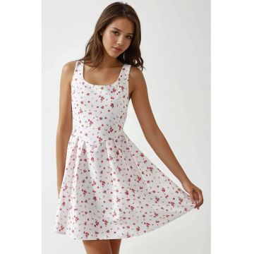 Rochie mini -  croiala in forma de A - guler rotund - imprimeu floral - alba - textil