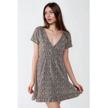 Rochie mini -  decolteu in V - imprimeu floral - maro melange - textil