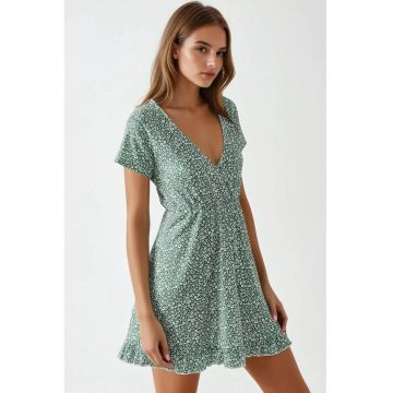 Rochie mini -  decolteu in V - imprimeu floral - verde menta - textil