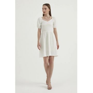 Rochie mini -  decolteu in V - maneci balon - alb - jerseu