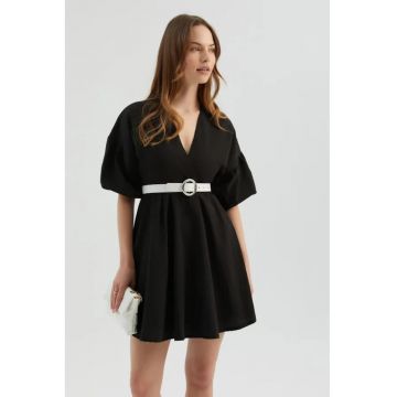 Rochie mini  decolteu in V - maneci bufante - neagra - textila Rochie mini  decolteu in V - maneci bufante - neagra - textila