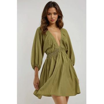 Rochie mini  decolteu in V - maneci lungi - verde - textil