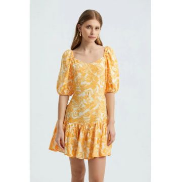 Rochie mini -  decolteu in V - volane - galben - textil Rochie mini -  decolteu in V - volane - galben - textil