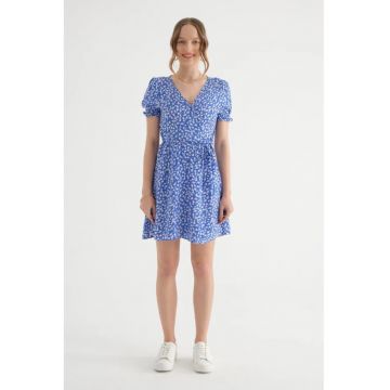 Rochie mini -  decolteu tip surplis - maneci bufante - albastra - textil