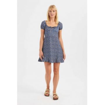 Rochie mini -  floral - umeri goi - albastra - textil