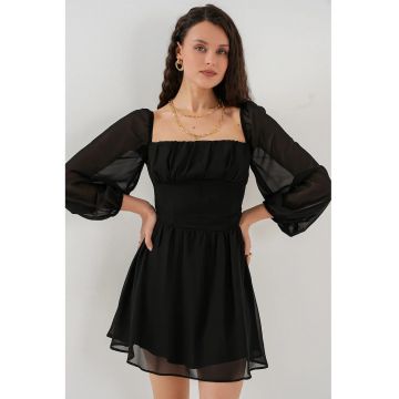 Rochie mini -  guler patrat - maneci lungi - negru - poliester Rochie mini -  guler patrat - maneci lungi - negru - poliester