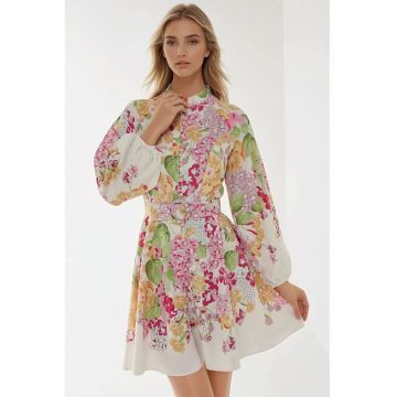 Rochie mini -  imprimeu - curea - multicolor - material subtire