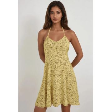 Rochie mini -  imprimeu floral - decolteu in V - galben - bumbac