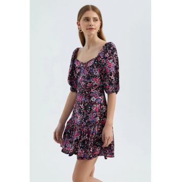 Rochie mini -  imprimeu floral - decolteu in V - textil