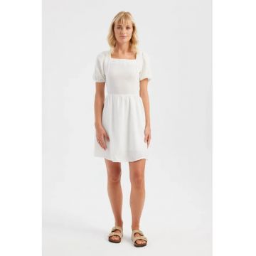 Rochie mini  maneca scurta - decolteu patrat - alb - material textil