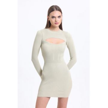 Rochie mini mulata -  maneca lunga - decupata - bej - jerseu