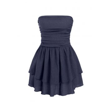Rochie mini -  texturata - cu volane - albastra - jerseu Rochie mini -  texturata - cu volane - albastra - jerseu