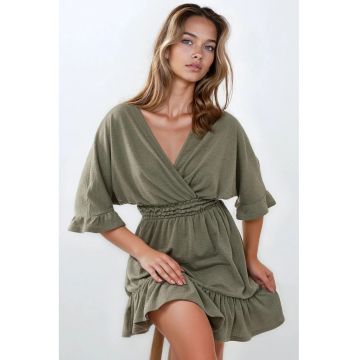 Rochie mini -  texturata - decolteu in V - verde - jerseu