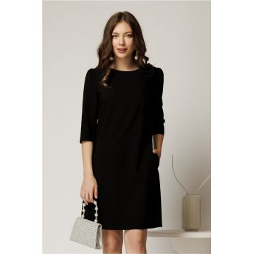Rochie office din stofa neagra cu floare pe umar