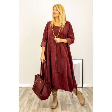 Rochie oversize A-line, din catifea reiata cu snur in partea de jos, bordo Rochie oversize A-line, din catifea reiata cu snur in partea de jos, bordo