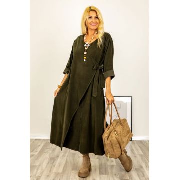 Rochie petrecuta oversize A-line, din catifea reiata, kaki Rochie petrecuta oversize A-line, din catifea reiata, kaki
