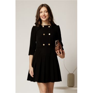 Rochie scurta neagra cu nasturi pe bust si pliuri pe fusta
