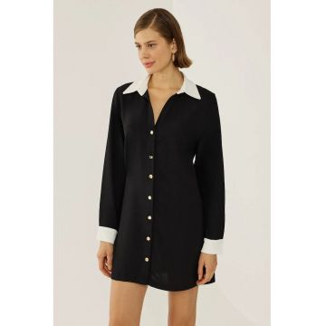 Rochie tip camasa cu nasturi -  negru - poliester si lycra Rochie tip camasa cu nasturi -  negru - poliester si lycra