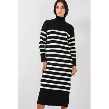 Rochie tricotata  guler inalt - dungi - negru/alb - material acril si lana -