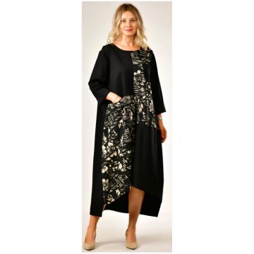 Rochie asimetrica neagra cu insertii florale gri si croi lejer Rochie asimetrica neagra cu insertii florale gri si croi lejer