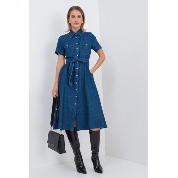 Rochie-camasa midi din denim - evazata cu cordon