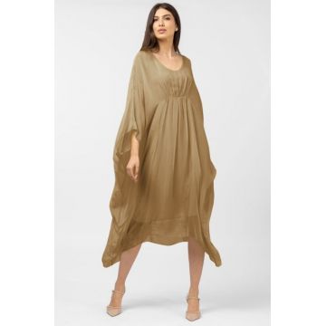 Rochie camel in colturi, lunga, ampla, din matase si vascoza, cu detaliu sub bust - Copie